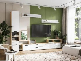 Модульная стенка Санса (дуб сонома/белый) в Листвянском - listvyanskij.mebel-nsk.ru | фото
